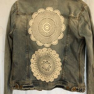 Ralph Lauren Boho jean Jacket with Hand Crochet Lace Doilies on back